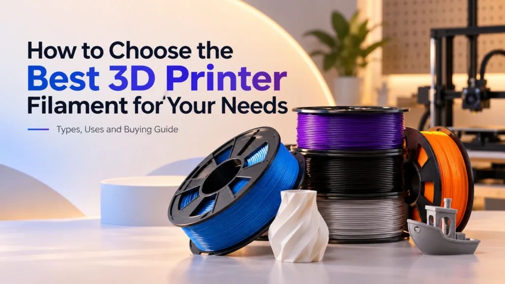 3D Printer Filament buying guide featuring colorful filament spools, a 3D printed vase, and a miniature boat for creative printing projects.
