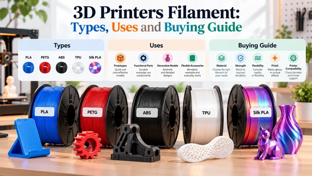 3D Printer Filament types including PLA, PETG, ABS, TPU and Silk PLA with colorful filament spools and 3D printed models.