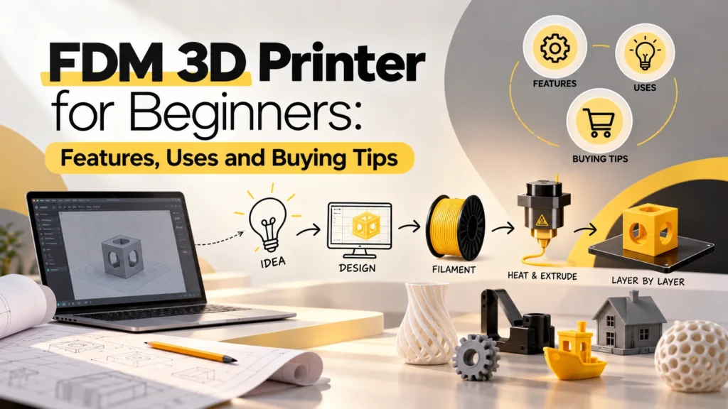 FDM 3D Printer for Beginners showing filament, 3D printed models, key features and buying tips.