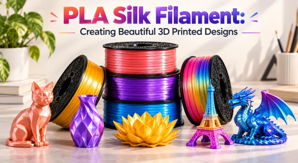 PLA Silk Filament with glossy 3D printed vases, artistic sculptures and decorative models in vibrant colors.