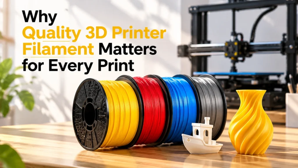 Quality 3D Printer Filament spools in yellow, red, blue and grey with 3D printed boat and vase, showing smooth printing results.
